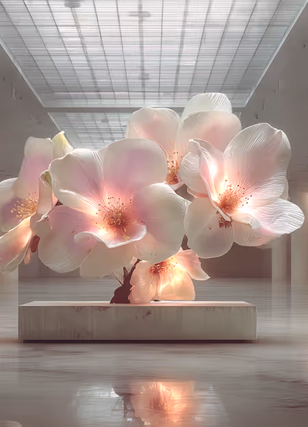 Large translucent pink flowers art installation on a pedestal in a brightly lit gallery.