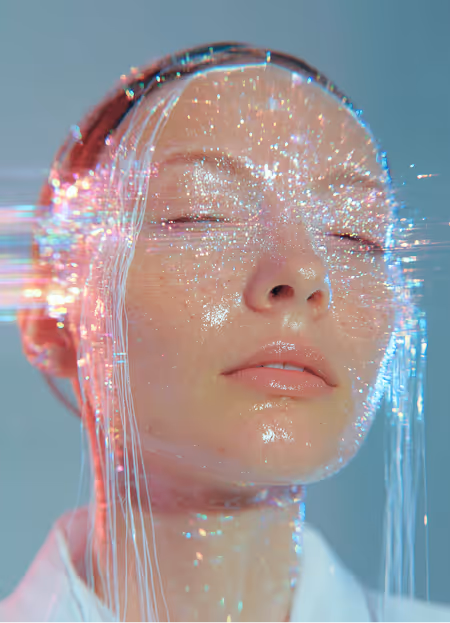 Close-up of a woman with closed eyes and sparkling lights projected on her face and head.
