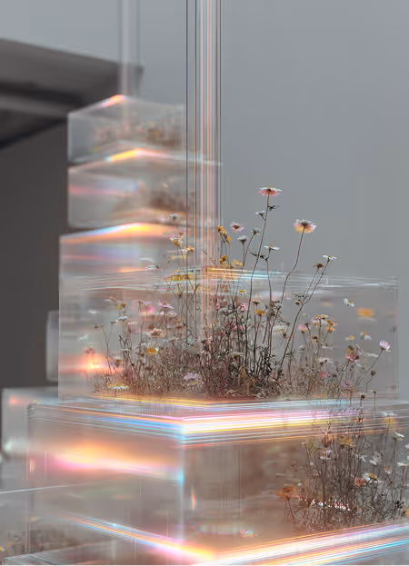 Wildflowers growing inside clear acrylic cubes with colorful light reflections against a gray background.